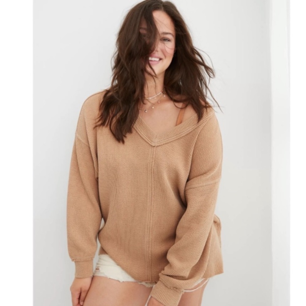 Aerie Wonder V-Neck Sweatshirt - BEIGE WMNS LARGE -  Oversized fit Loungewear